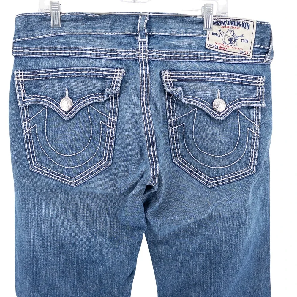 VTG Y2K True Religion Mens 38x33 Ricky Straight Jeans Blue Thick White Stitching